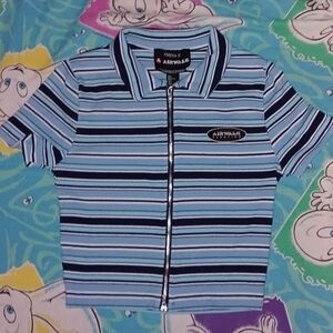 Airwalk Skateboard Zip Up Crop Top Polo Collar Striped Shirt Skateboarding Skate